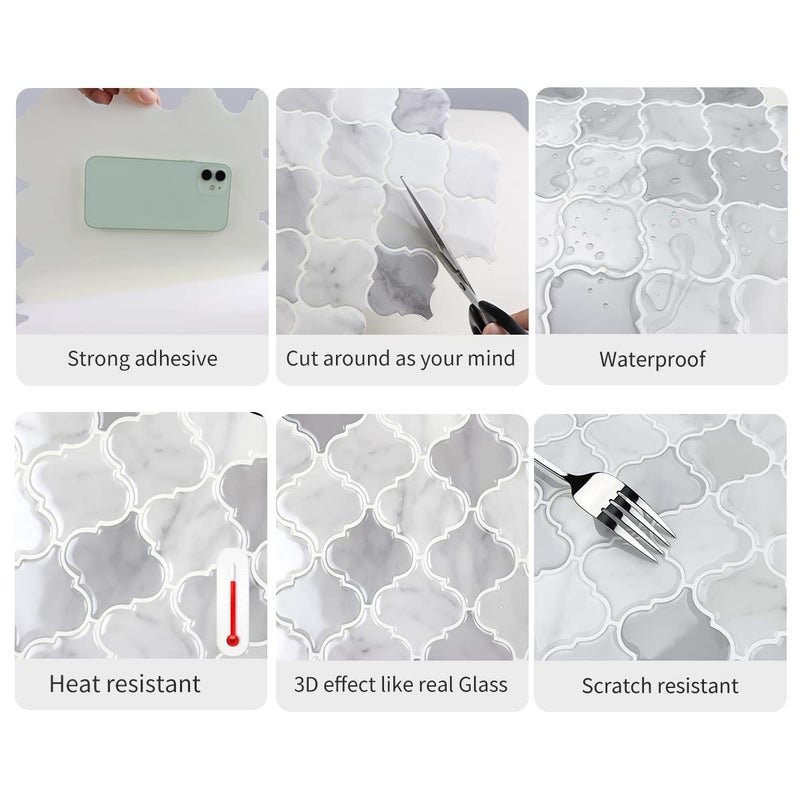 WalDecoo Arabesque Peel and Stick Tile for Kitchen, 12â€ X 12â€ Mix Grey Self-Adhesive Kitchen Backsplash in Marble, 10-Sheet 3D Self-Adhesive Wall Tile Stick on Tiles Backsplash(Thicker Design) - Image 5